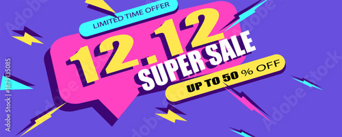 12.12 super sale promo banner with discount offers. 12.12 shopping festival super sale banner. Flash sale special offer banner for social media posts or website banners. Flash sale campaign.
