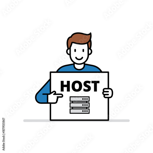 smiling man holding host sign with server icons for web hosting services, technology blogs, it presentations, domain registration sites and digital business, with copy space