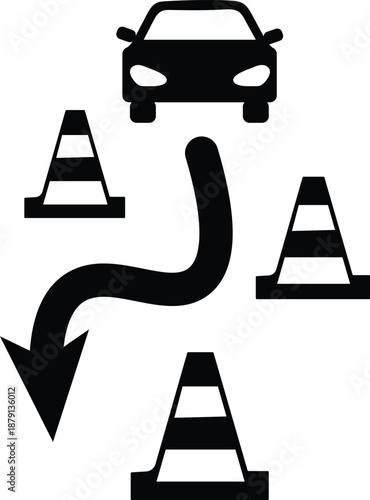 Car driving skill assessment with traffic cones and a guiding curved arrow path