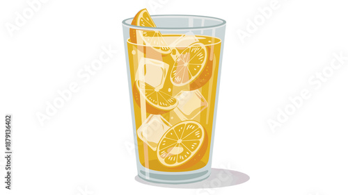 A refreshing glass of orange juice with ice and orange slices.