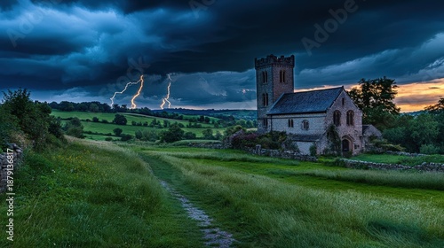 Dark clouds gather over a lonely church, as lightning strikes during a stormy evening in a peaceful landscape.