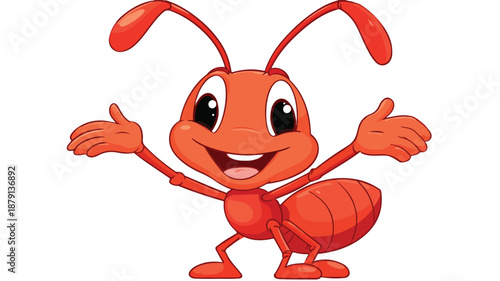 Friendly Cute Ant Cartoon Waving Vector with Outline on White Background