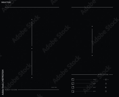 Modern black induction cooktop interface with digital touch control panel, minimalist kitchen appliance design. Sleek electric hob surface with icons, zones and buttons. Vector illustration.