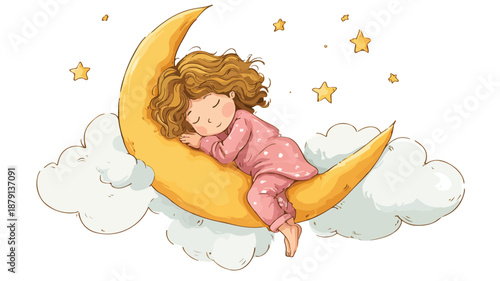 Dreamy Illustration of Cute Little Girl Sleeping on Moon in Vector with Outline Isolate