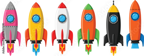 Set of colorful cartoon rocket ships illustration, futuristic space launch vehicles isolated on white background for startup, science, technology and exploration concepts