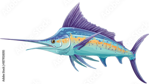 Colorful Marlin Fish Cartoon on White Background with Outline Vector Illustration