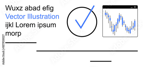 Business analytics, financial trends, data validation, decision making, market research, performance tracking. Circular checkmark and graph in a window. Data validation and financial trends concept