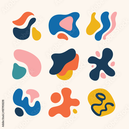 Colorful abstract organic shapes collection with flat blobs, playful fluid forms and modern decorative style for branding, web, packaging and creative projects