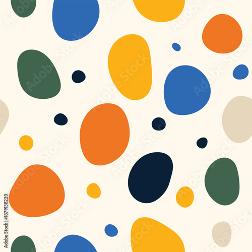 Colorful abstract organic shapes seamless pattern with rounded blobs and dots, playful modern design for kids, packaging, fabric, branding and wallpaper