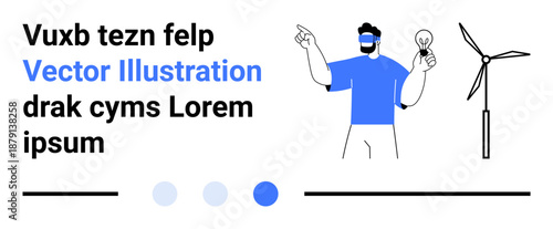 Man holding lightbulb while pointing up, standing beside a wind turbine. Ideal for renewable energy, innovation, eco-awareness, clean power, sustainable solutions, green tech, simple landing page