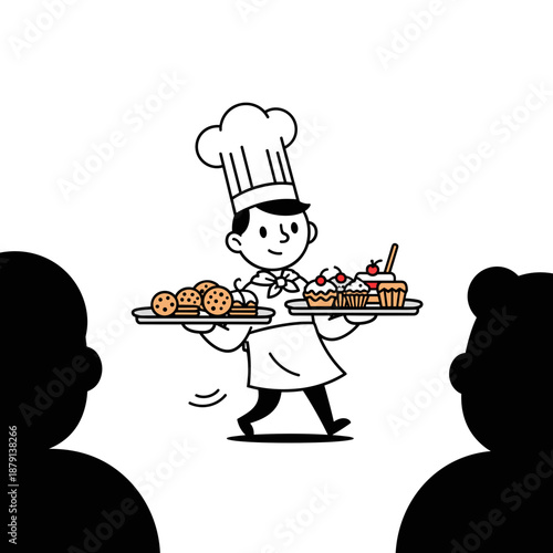 little boy pastry chef carrying trays of cookies and cupcakes for culinary blogs, bakery websites, kids menu design, greeting cards and cafe promotion, with copy space