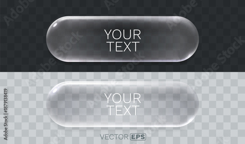 Modern glassmorphism UI button element. Transparent frame template for web design.