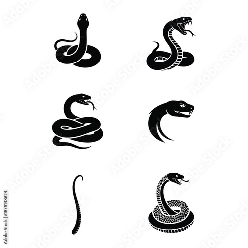Snake silhouette collection showing various coiled and crawling snake poses isolated on white background wildlife animal vector illustration set