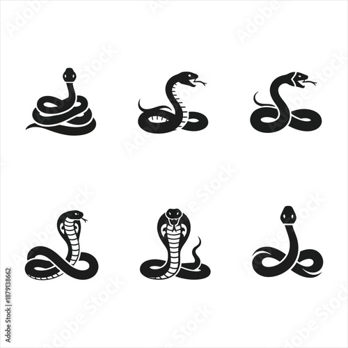 Snake silhouette collection showing various coiled and crawling snake poses isolated on white background wildlife animal vector illustration set