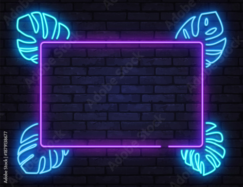 Neon square frame with tropical leaves in vibrant blue and purple tones. Ideal for summer banners, party posters, or modern event designs.