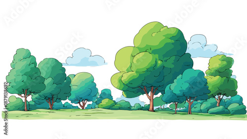 Colorful Cartoon Style Park with Trees Vector Illustration