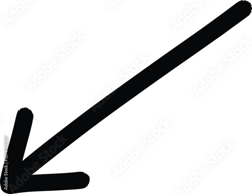 A black arrow pointing diagonally upwards to the right on a plain surface, viewed from directly above, illustrating direction and movement