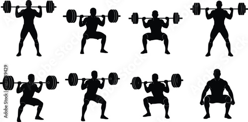 Weightlifting squat exercise silhouettes set, strong athlete performing barbell squats in multiple positions isolated on white background for fitness design