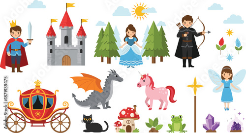 Magical fairy tale illustration with prince, princess, castle, unicorn, dragon, fairy, carriage, crystals, and whimsical forest scene for children’s stories and fantasy art