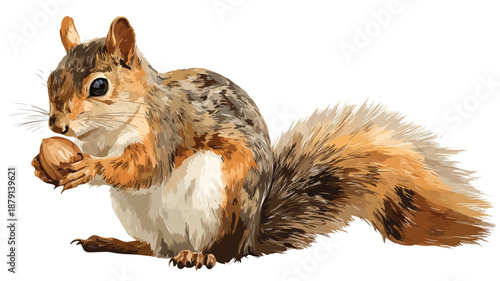 Squirrel Holding Nut Vector with Outline on White Background