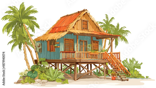 Serene Tropical Cabin Oasis in Cartoon Style Vector Illustration