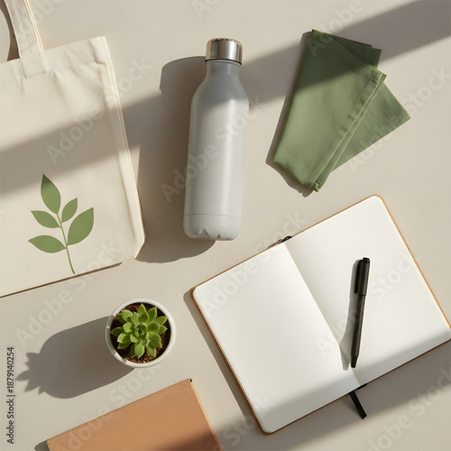 Flat lay of sustainable lifestyle essentials including reusable bottle, eco bag, notebook, and plant on a neutral background with soft shadows. Realistic photography for eco-friendly concepts.