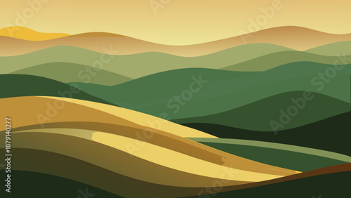 Subtle Olive to Sage Rolling Hills Abstract Gradient with Golden Glow - AI-generated illustration