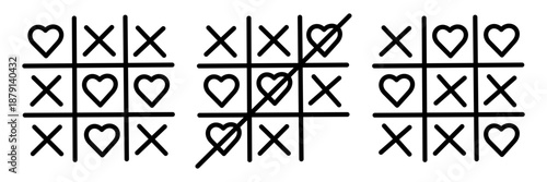 Romantic tic tac toe icon set with heart and cross symbols. Hand drawn outline XO game black and white. Minimal vector line illustration with love theme isolated.