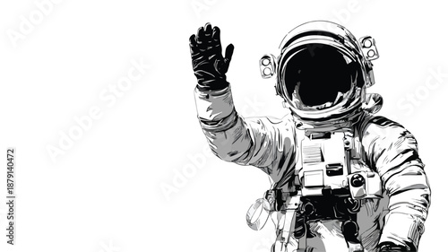 Young Astronaut Waving on White Vector Outline Isolated