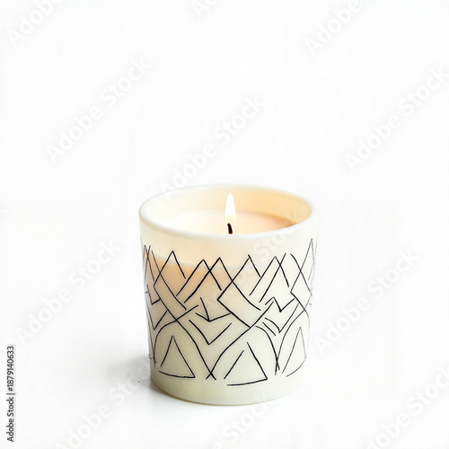 Aromatherapy candle burning with geometric patterns, tranquility