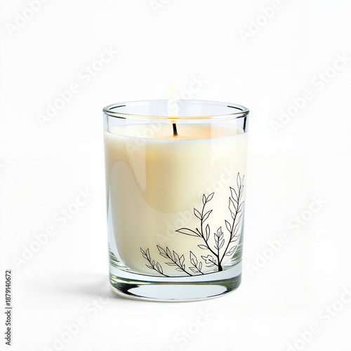 Elegant candle burning with floral design, serenity in relaxation
