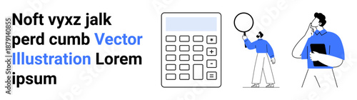 Contemplative man holds clipboard, calculator at center, and another person holds speech balloon. Ideal for business, communication, calculation, problem-solving, teamwork, ideas simple landing page