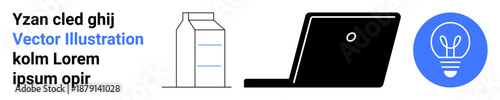 Consumer goods, technological innovation, creative ideas, product design, business concepts, education materials. Minimalist icons of a milk carton, laptop and lightbulb. Consumer goods