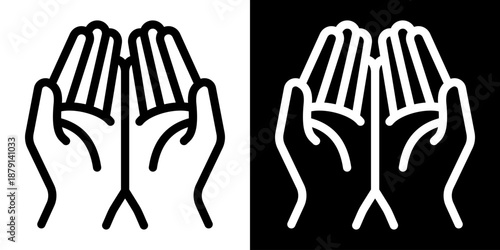 Outline icon of praying hands gesture. Clean vector pictogram representing prayer, request, hope, gratitude and spiritual connection. Minimal line style illustration with precise contours.