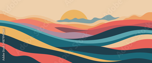 Abstract landscape with rolling hills and a setting sun in warm, muted colors mountains