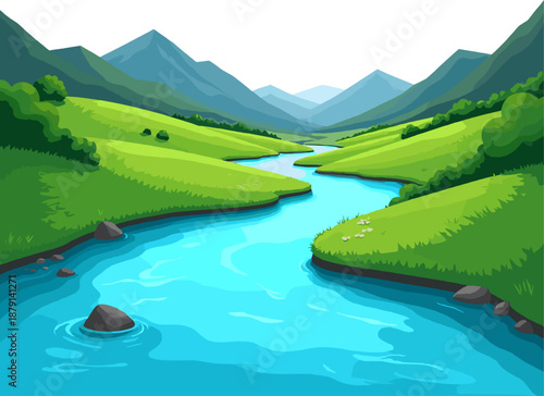 Stylized Mountain River Valley Landscape Illustration, Cartoon Nature Scene with Blue River, Green Hills, Forest and Mountains, Game and UI Background