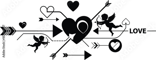 Stunning heart and cupid graphic with love arrows and symbols