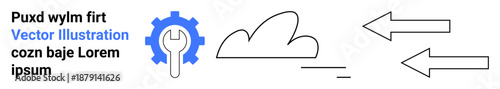 Cloud technology, data transfer, software development, automation, engineering, networking. Gear symbol with cloud and directional arrows. Cloud technology and data transfer concept