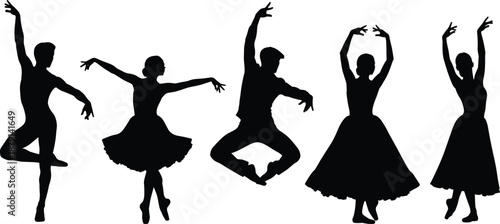 Ballet dancer silhouettes performing elegant poses, classical dance artists in graceful movement isolated on white background for art and design use
