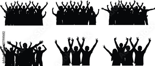 Cheering crowd silhouettes with raised hands, excited group of people celebrating success and unity isolated on white background