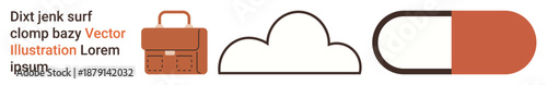 Corporate branding, digital storage, wellness, health care, medication, technology concepts. A brown briefcase, cloud and pill rendered in a minimalist style. Corporate branding and digital storage
