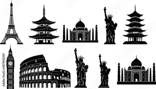 World famous landmark silhouettes set featuring Eiffel Tower, Taj Mahal, Statue of Liberty, Colosseum and pagodas isolated on white background