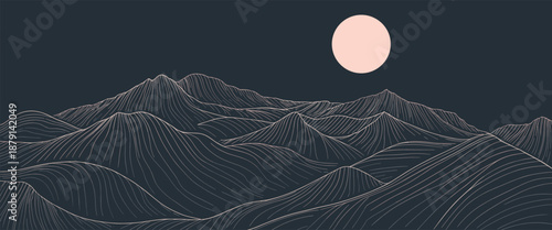 Minimalist abstract landscape with rolling hills and a pale pink moon against a dark blue sky mountains