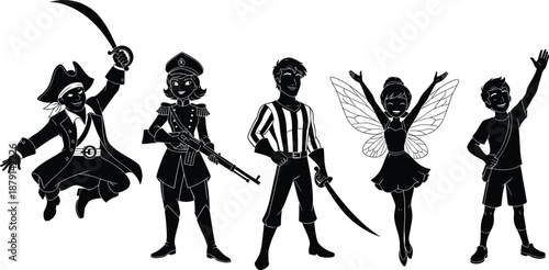 Kids fantasy costume silhouettes illustration set with pirate, soldier, swordsman, fairy and hero characters isolated on white background for imagination and play concepts