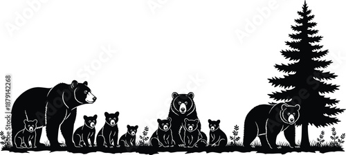 Black bear family silhouettes illustration in forest landscape with pine tree, wildlife nature scene isolated on white background for conservation and outdoor themes