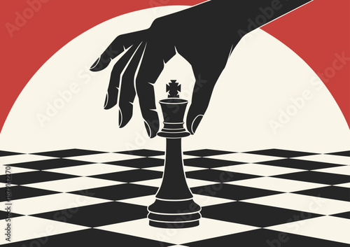 Silhouette of a hand placing a chess king on a checkered board with a red and cream background strategy