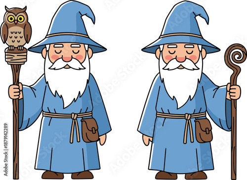 Cute wizard character illustration set with magic staff and owl, cartoon fantasy mage isolated on white background for fairytale, game and storybook design