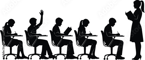 Classroom education silhouettes illustration with students sitting at desks and teacher reading book, learning and school concept isolated on white background