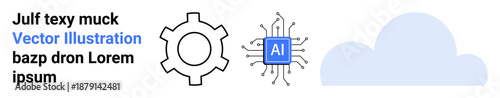 Gear, AI microchip, and cloud representing automation, artificial intelligence, technology, innovation, data processing, connectivity and system optimization. Ideal for software solutions simple