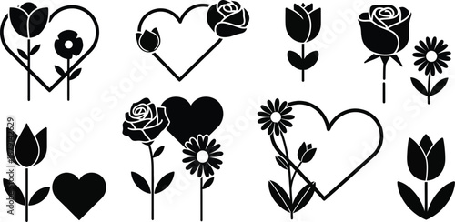 Elegant black floral heart icons for Valentine's Day and love themes